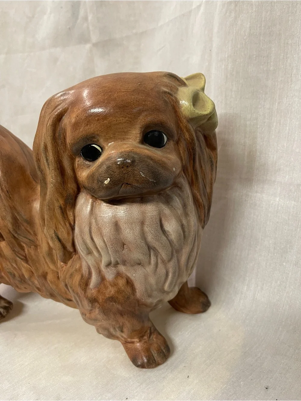 Vintage Pekingese Dog Figurine Porcelain Ceramic Handcrafted & Signed 12”Lx9”h